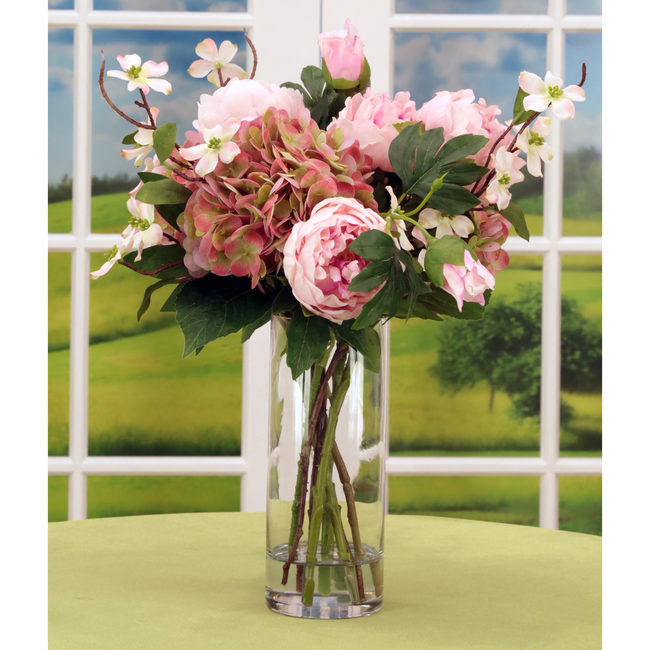 Pink Peony and Hydrangea Bouquet Arrangement in Glass Vase 19 Inches
