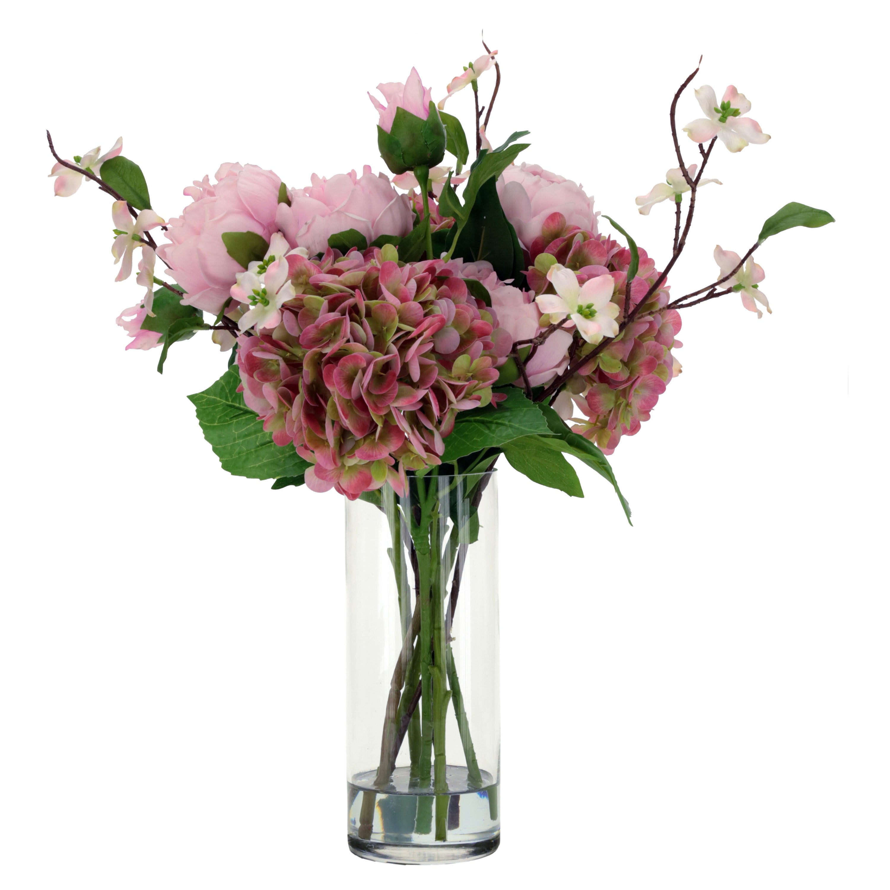 Pink Peony and Hydrangea Bouquet Arrangement in Glass Vase 19 Inches