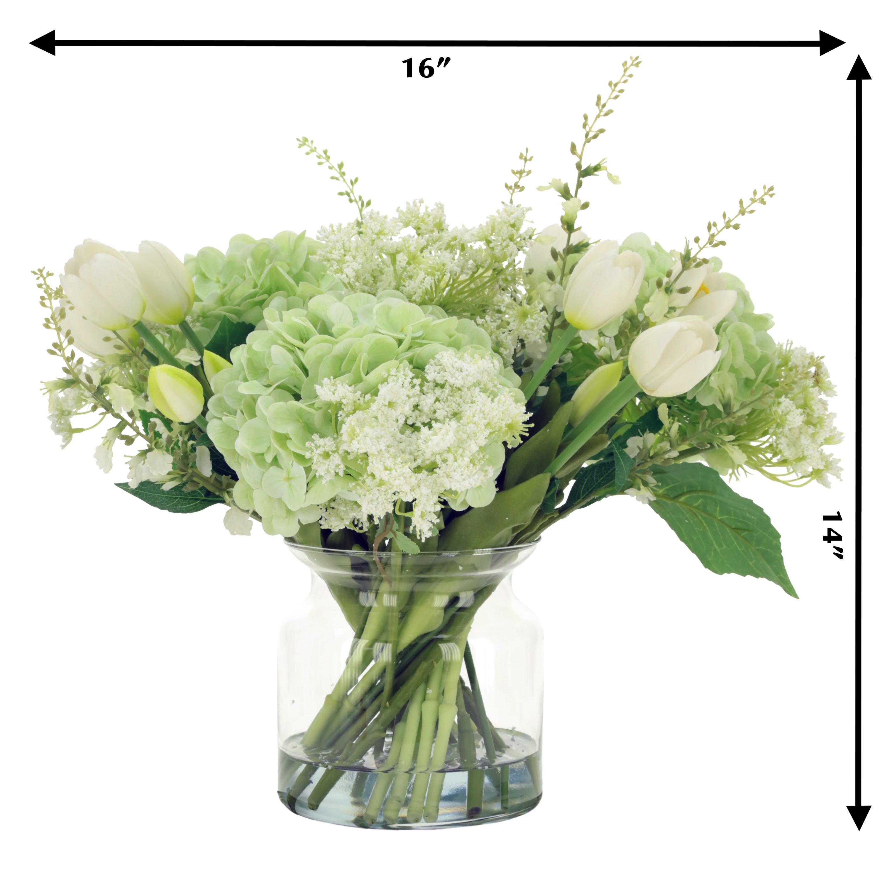 White Tulip and Light Green Hydrangea Arrangement in Glass Jar 14 Inches