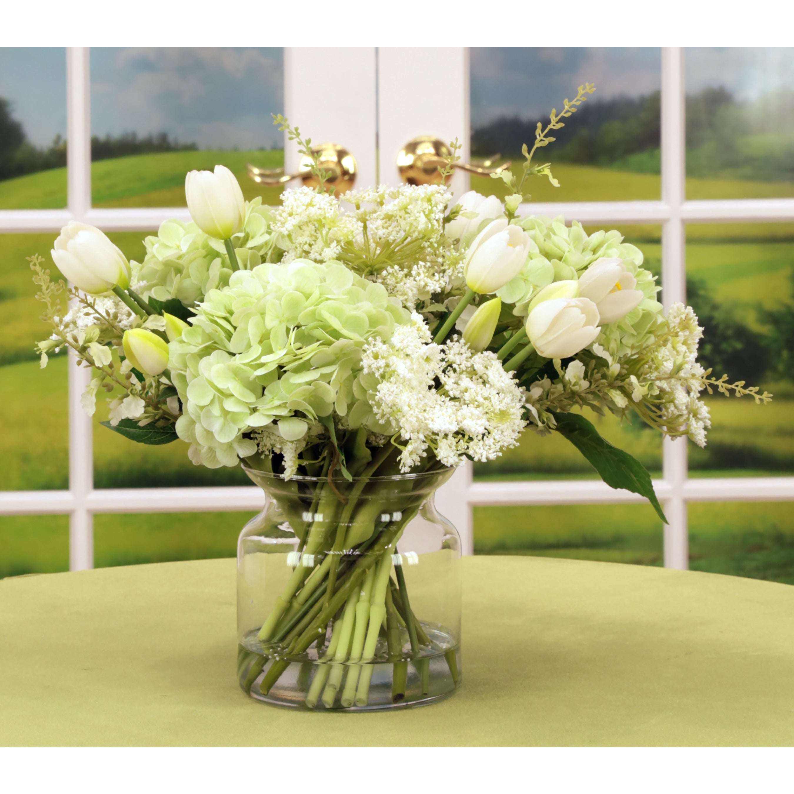 White Tulip and Light Green Hydrangea Arrangement in Glass Jar 14 Inches