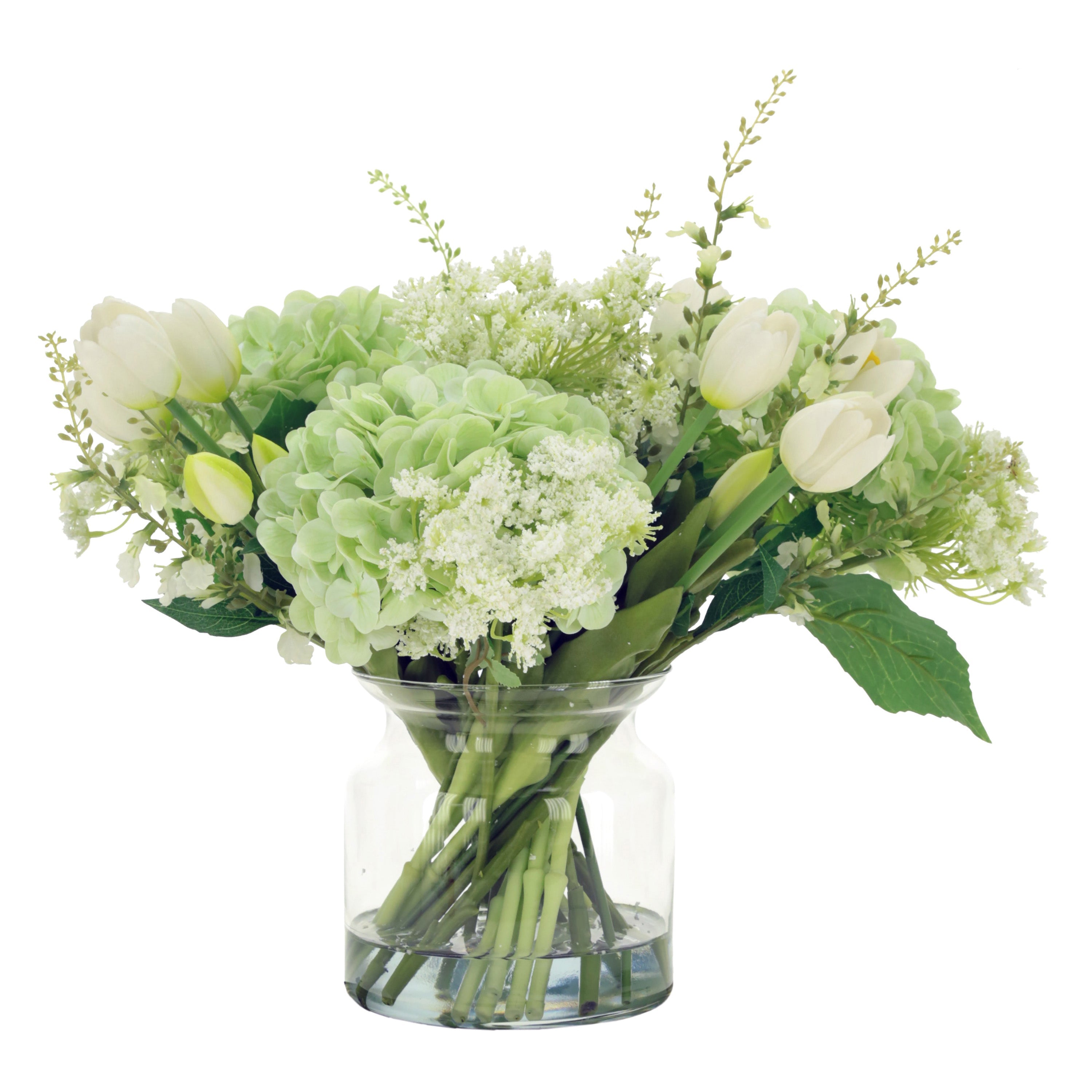 White Tulip and Light Green Hydrangea Arrangement in Glass Jar 14 Inches