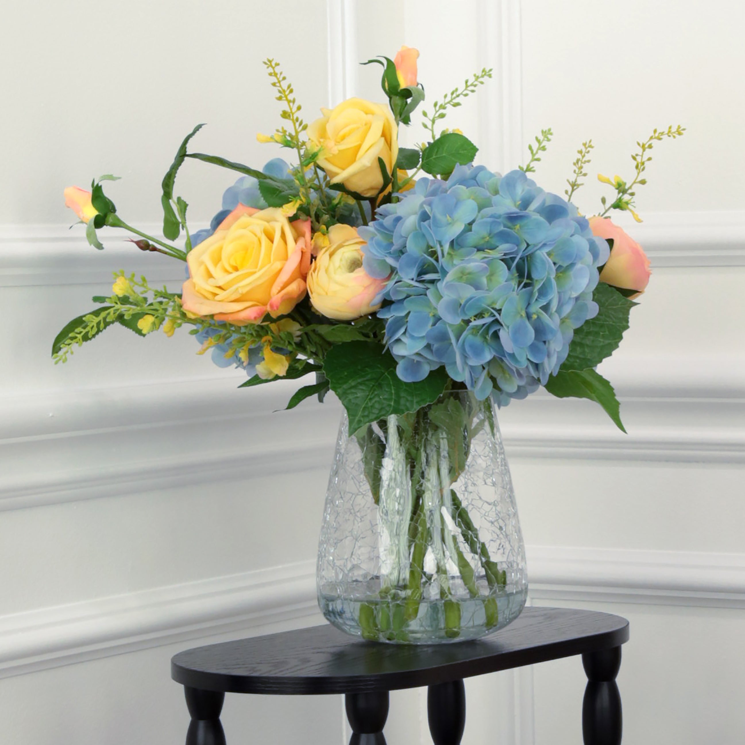 Yellow Rose and Blue Hydrangea Arrangement in Glass Crackle Vase 17 Inches