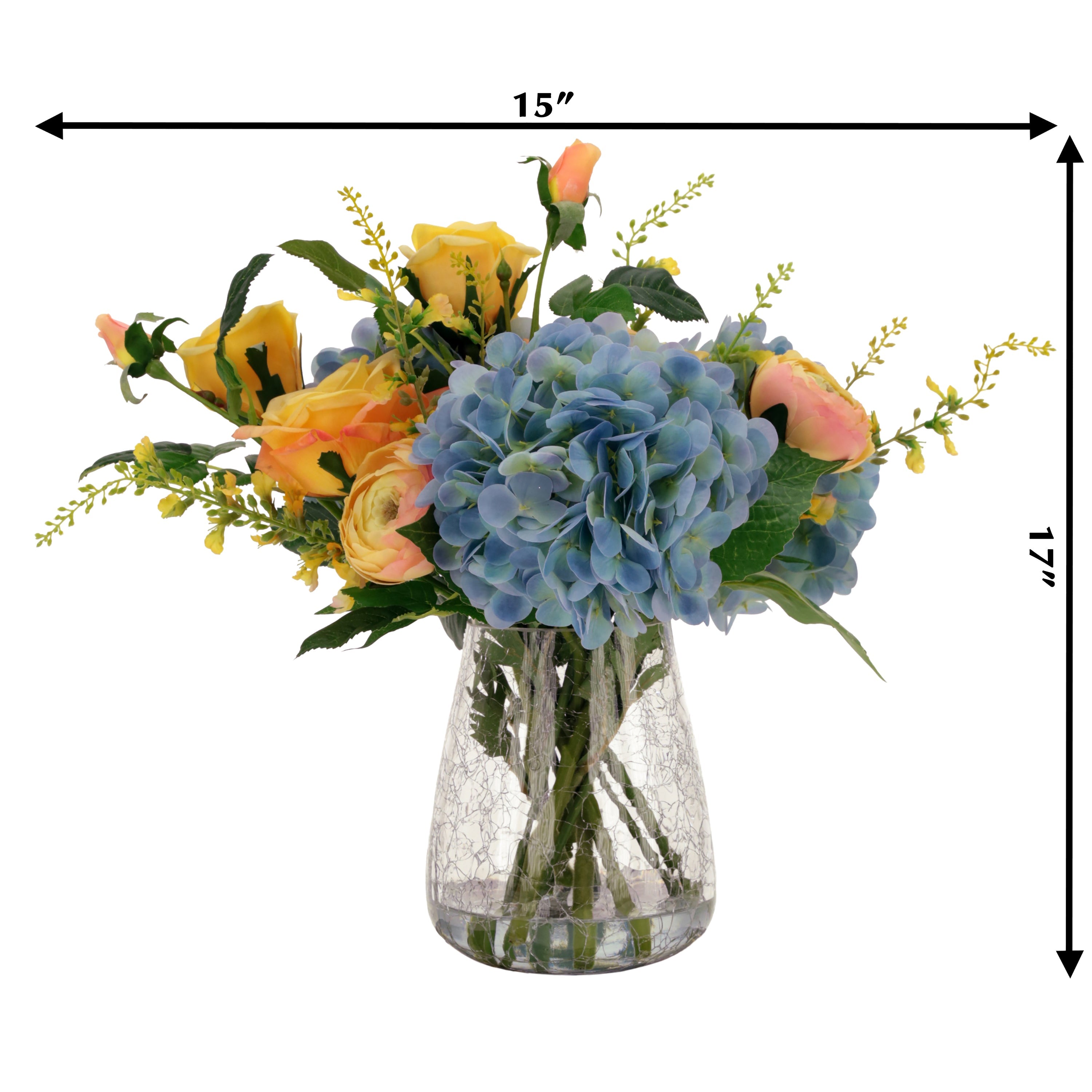Yellow Rose and Blue Hydrangea Arrangement in Glass Crackle Vase 17 Inches
