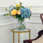 Yellow Rose and Blue Hydrangea Arrangement in Glass Crackle Vase 17 Inches