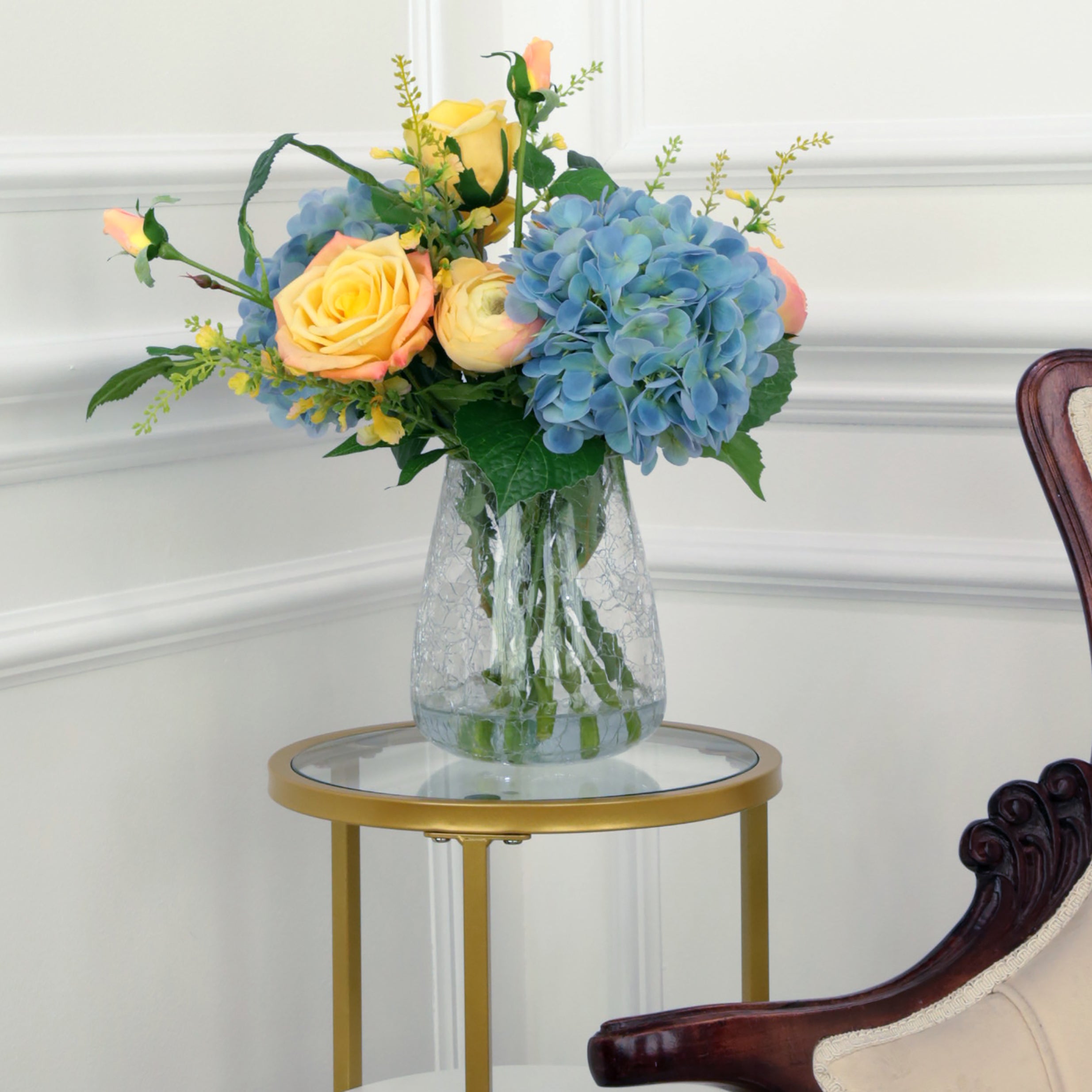 Yellow Rose and Blue Hydrangea Arrangement in Glass Crackle Vase 17 Inches