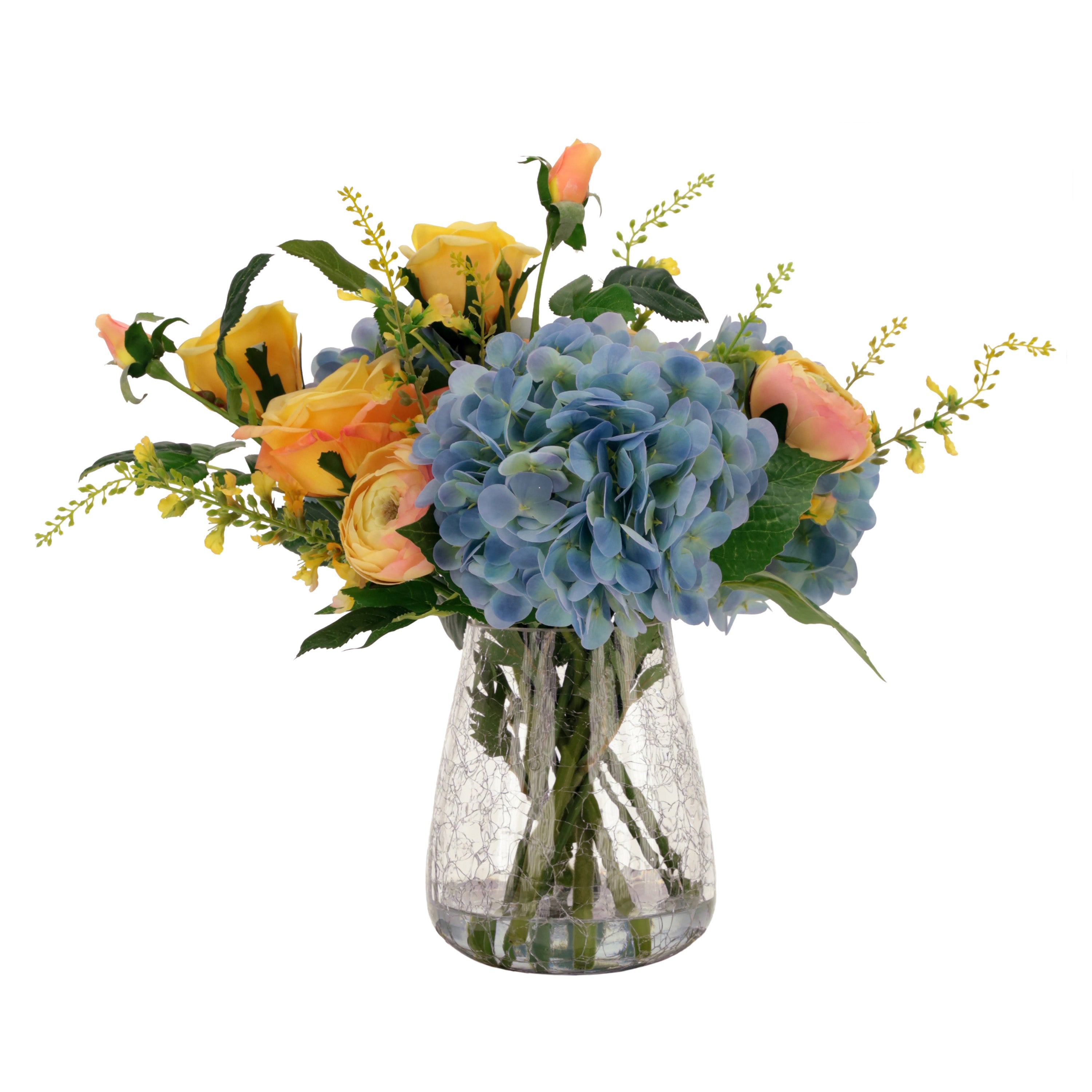 Yellow Rose and Blue Hydrangea Arrangement in Glass Crackle Vase 17 Inches