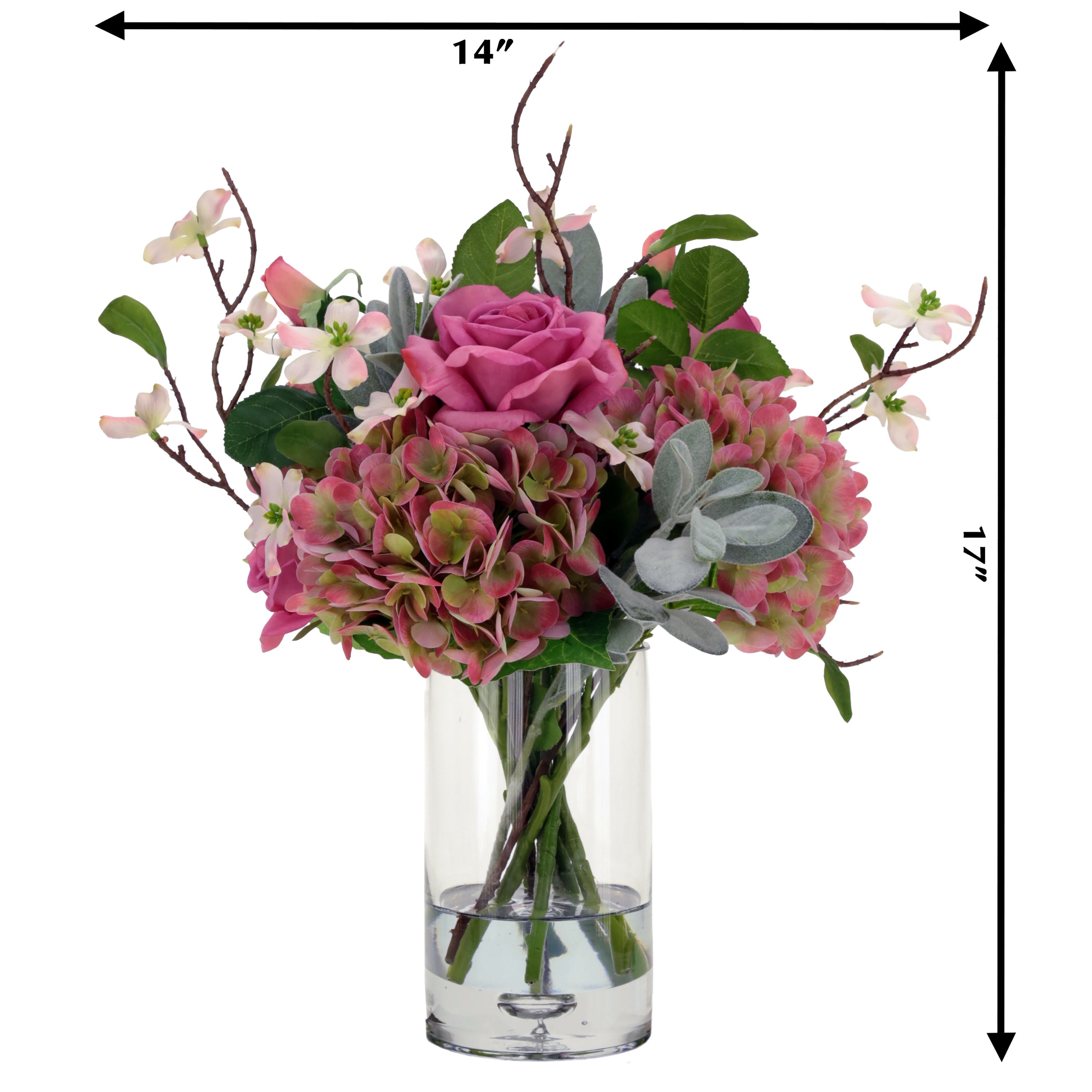 Pink Rose and Hydrangea Bouquet Arrangment in Glass Vase 17 Inches