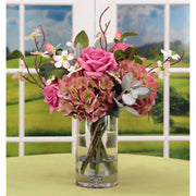 Pink Rose and Hydrangea Bouquet Arrangment in Glass Vase 17 Inches