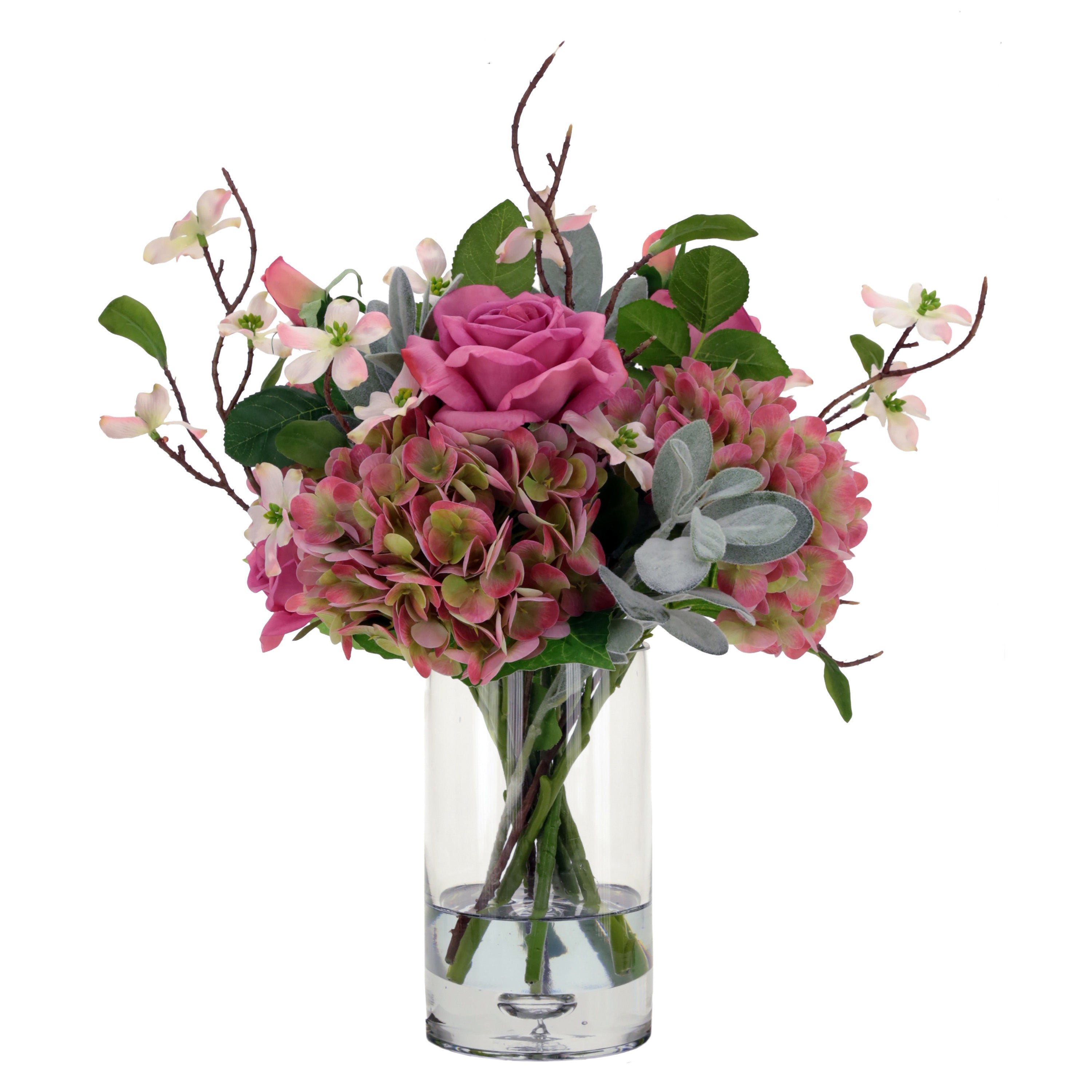 Pink Rose and Hydrangea Bouquet Arrangment in Glass Vase 17 Inches