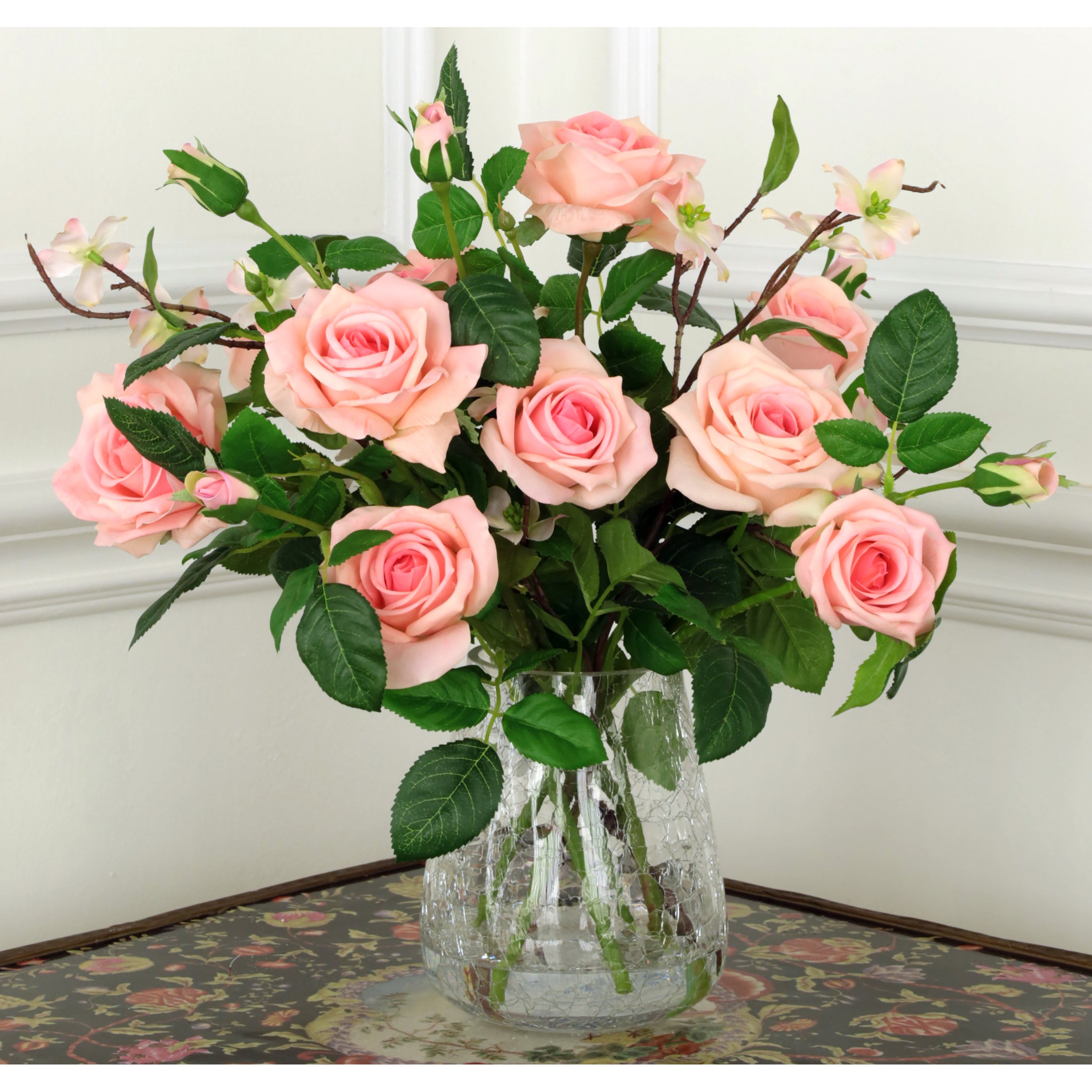 Light Pink Roses in Glass Crackle Vase 17 Inches