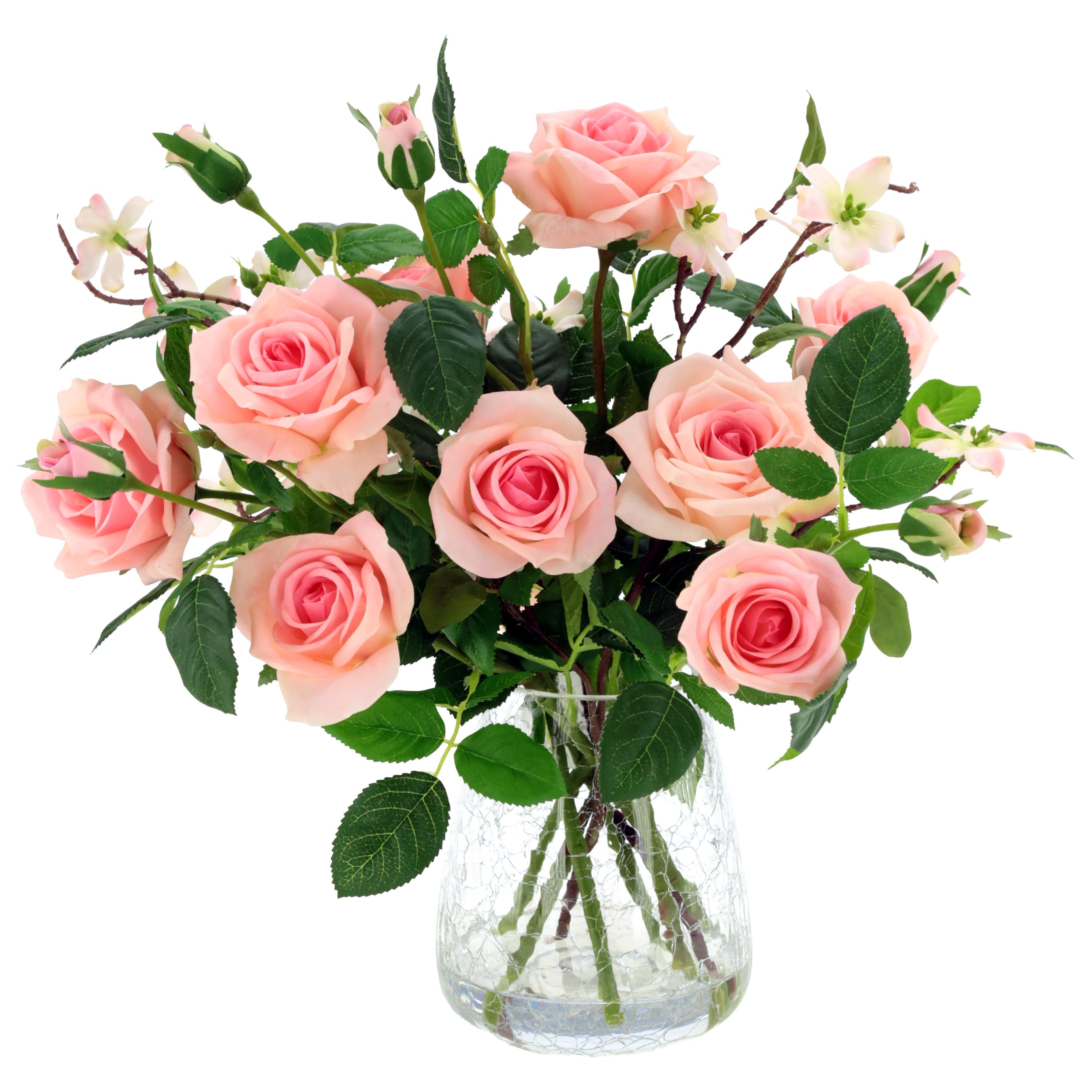 Light Pink Roses in Glass Crackle Vase 17 Inches