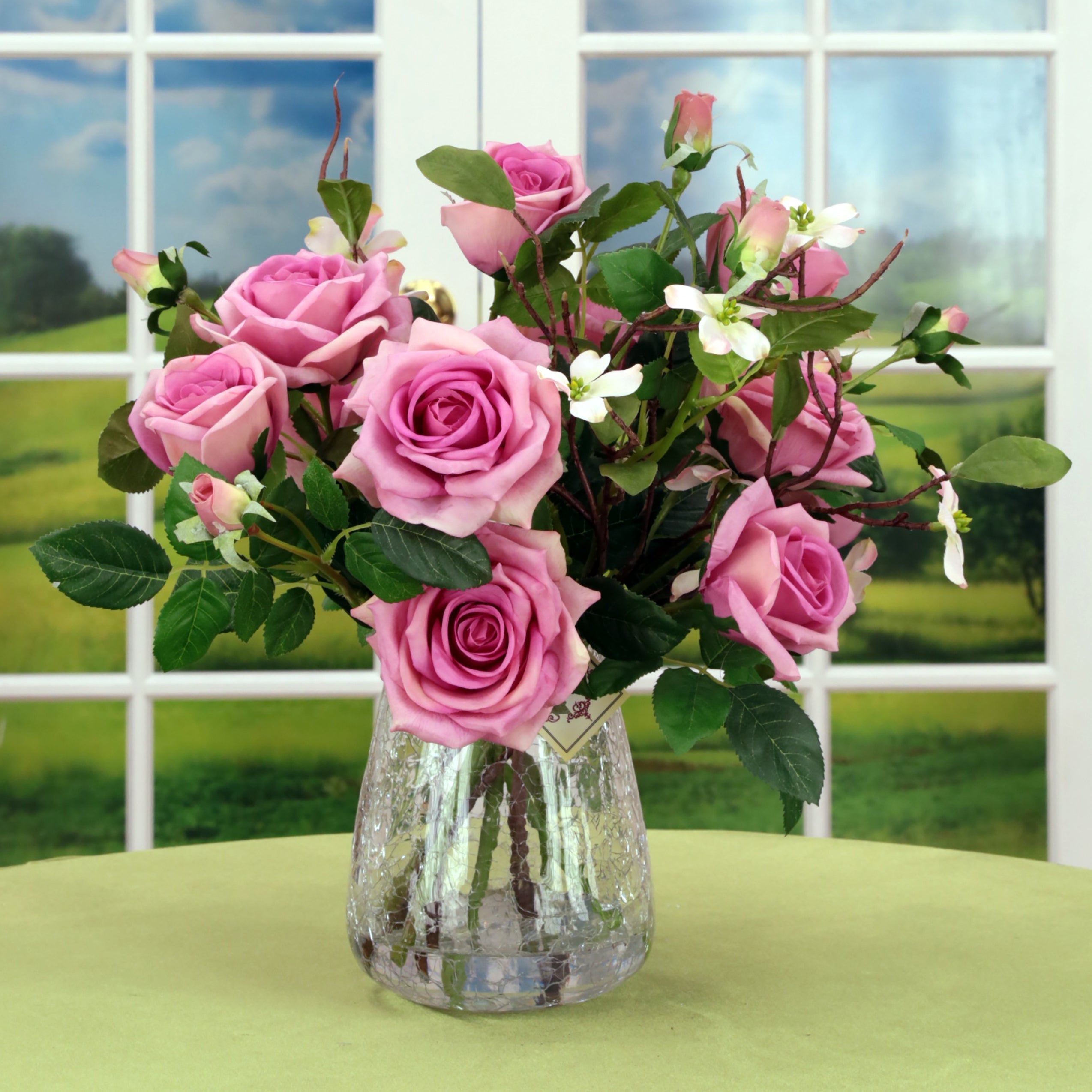 Pink Roses in Glass Crackle Vase 17 Inches