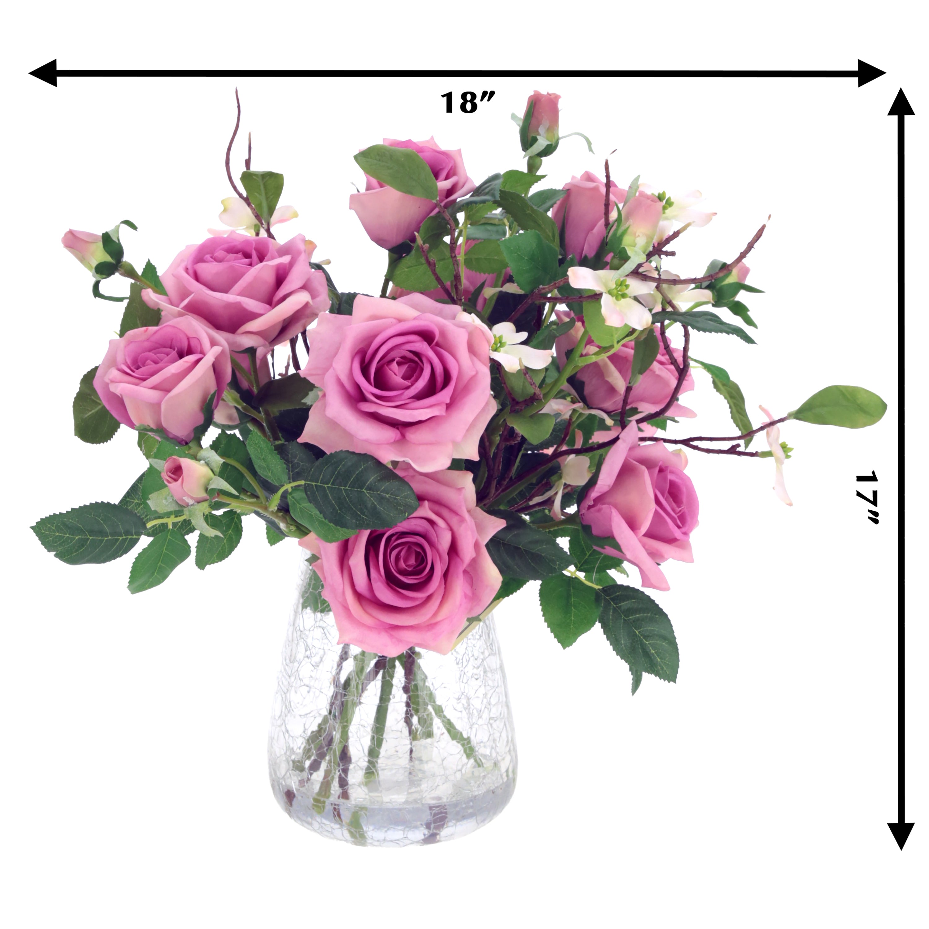 Pink Roses in Glass Crackle Vase 17 Inches