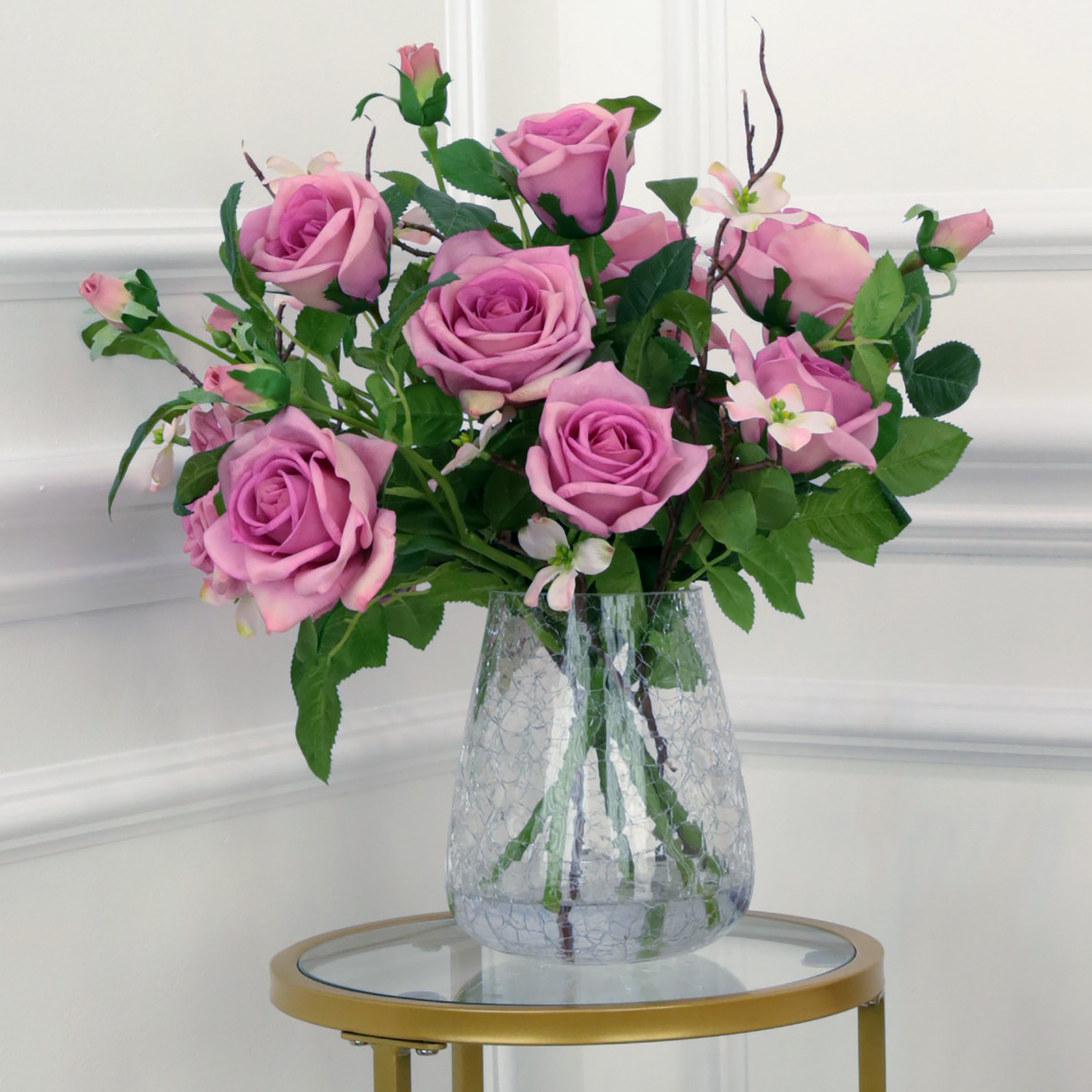 Pink Roses in Glass Crackle Vase 17 Inches