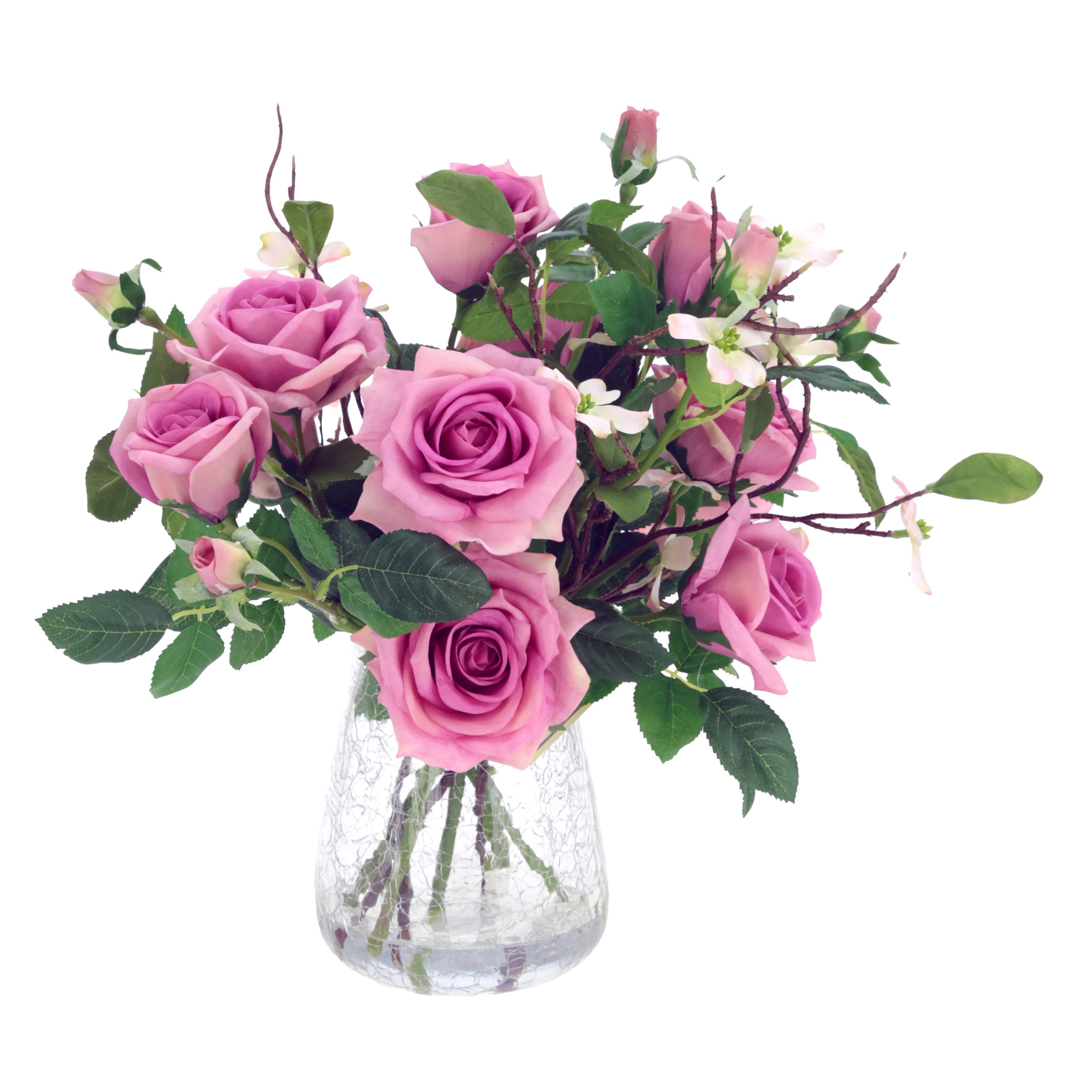 Pink Roses in Glass Crackle Vase 17 Inches