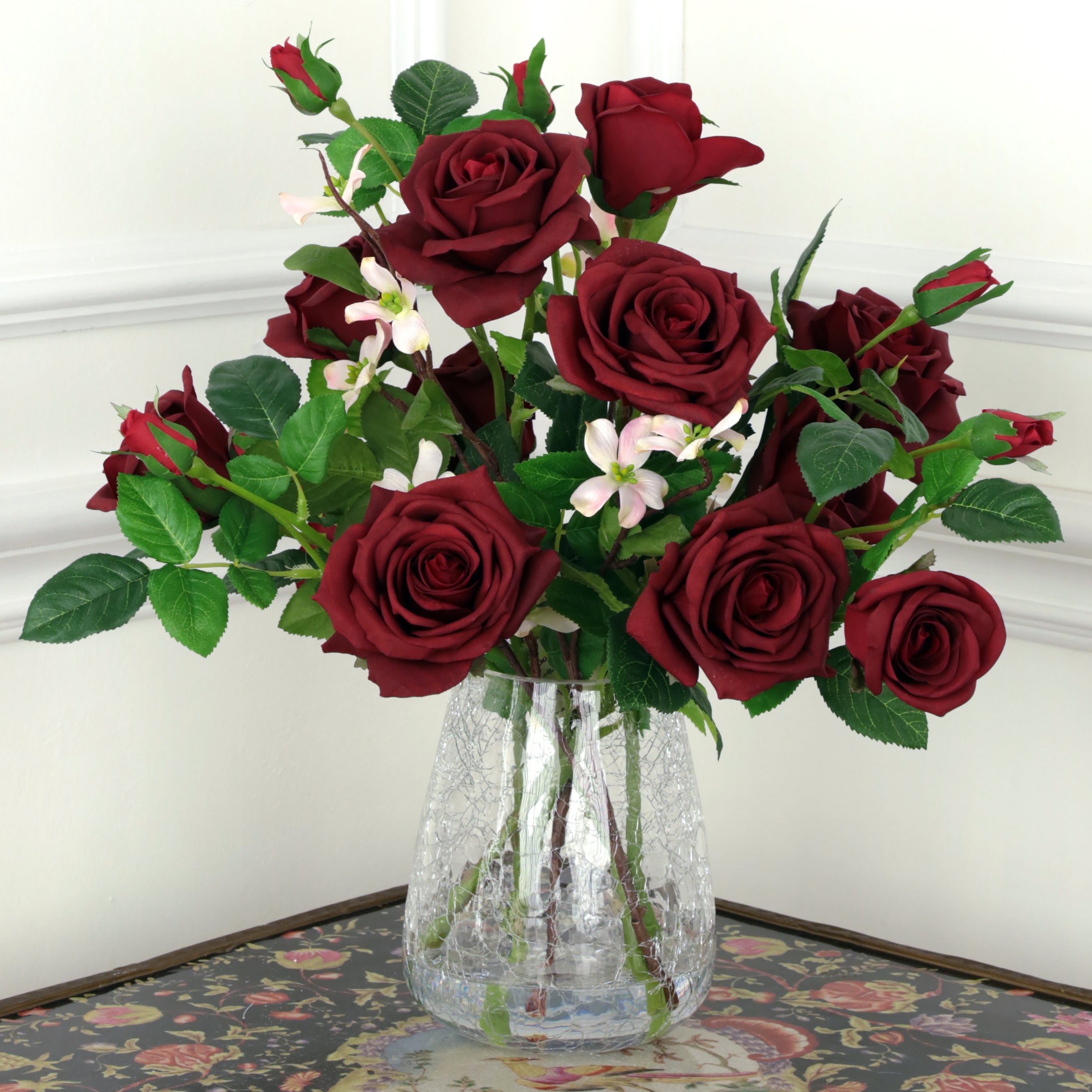 Deep Red Roses in Glass Crackle Vase 17 Inches