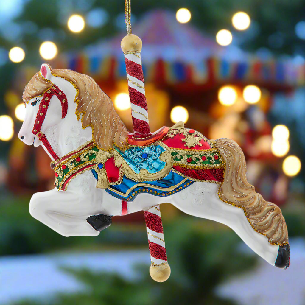 Bellissimo Carousel Horse Glass Ornament 6"