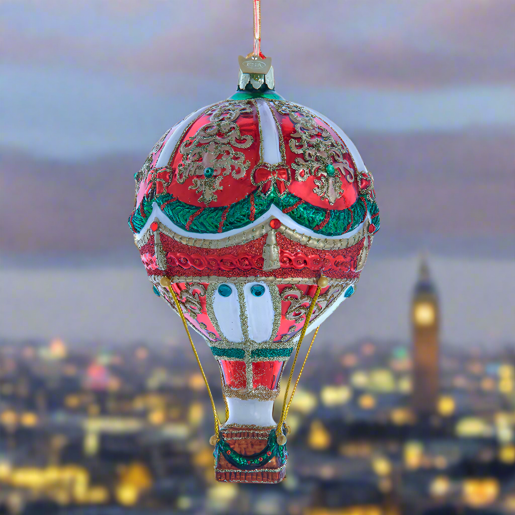 Bellissimo Christmas Hot Air Balloon Glass Ornament 6"