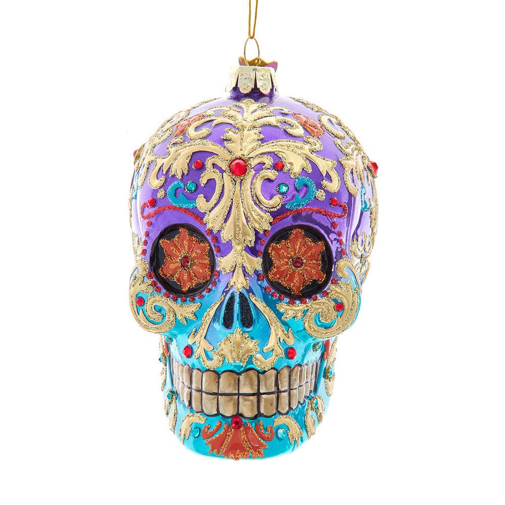 Bellissimo Sugar Skull Glass Ornament 4.75"