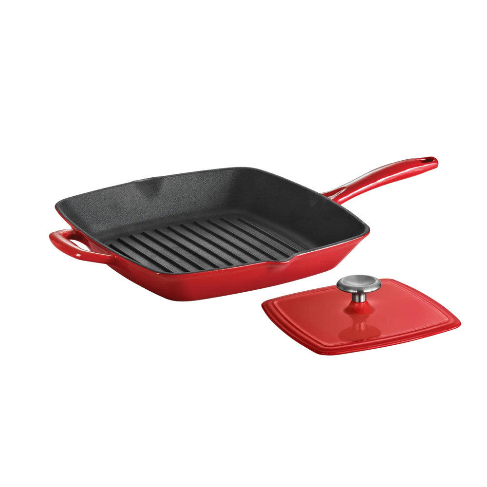 Bestow Red Enameled Cast-Iron Grill Pan with Press 11 Inch
