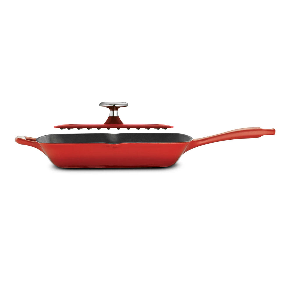 Bestow Red Enameled Cast-Iron Grill Pan with Press 11 Inch