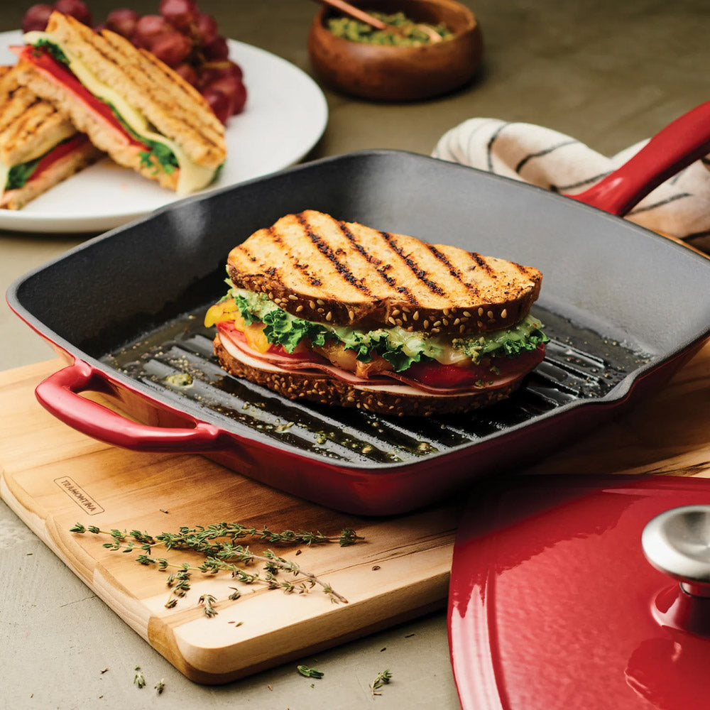 Bestow Red Enameled Cast-Iron Grill Pan with Press 11 Inch