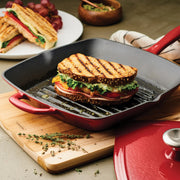 Bestow Red Enameled Cast-Iron Grill Pan with Press 11 Inch