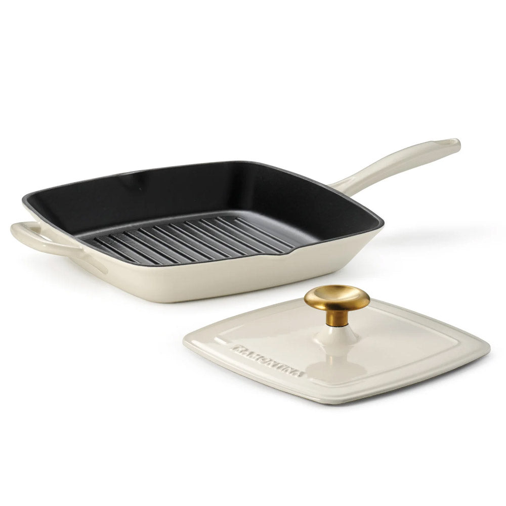 Bestow Latte Enameled Cast-Iron Grill Pan with Press 11 Inch