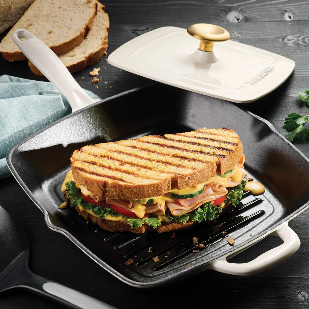 Bestow Latte Enameled Cast-Iron Grill Pan with Press 11 Inch