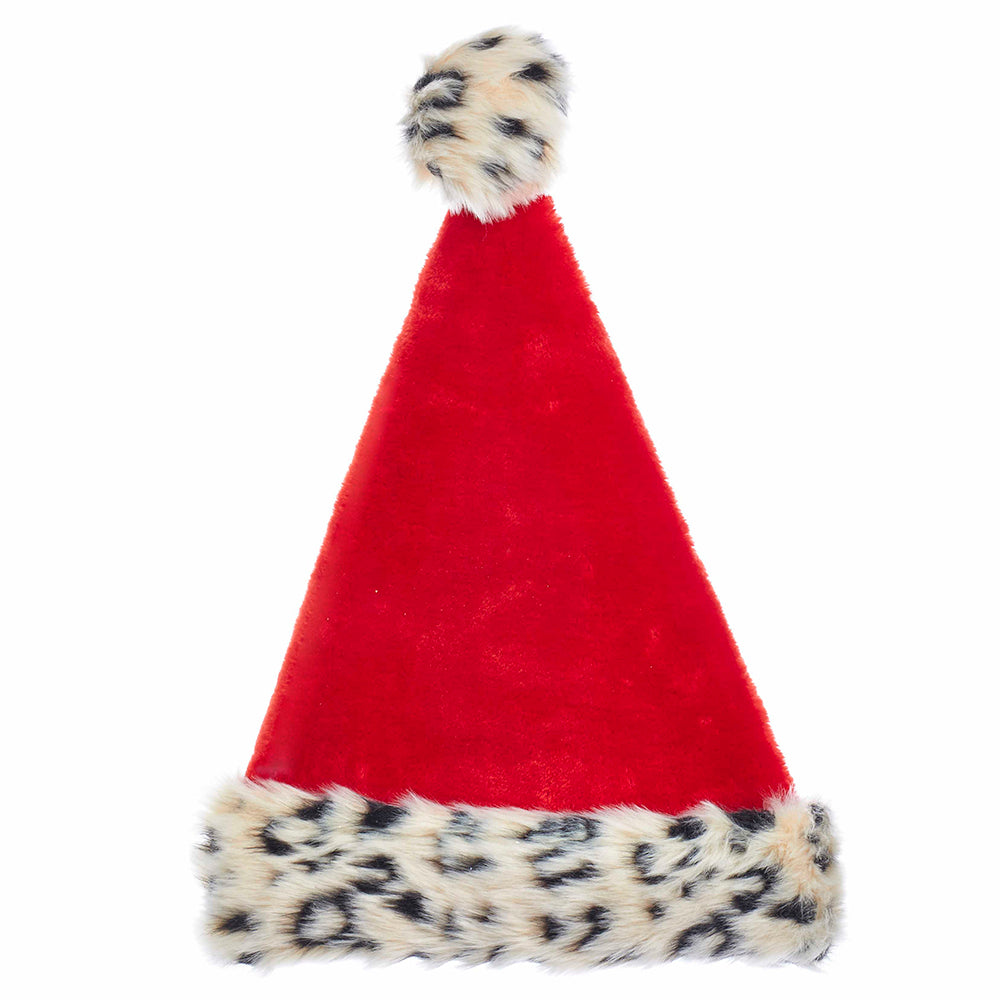 Red Plush Santa Hat with Leopard Fur Trim 17"