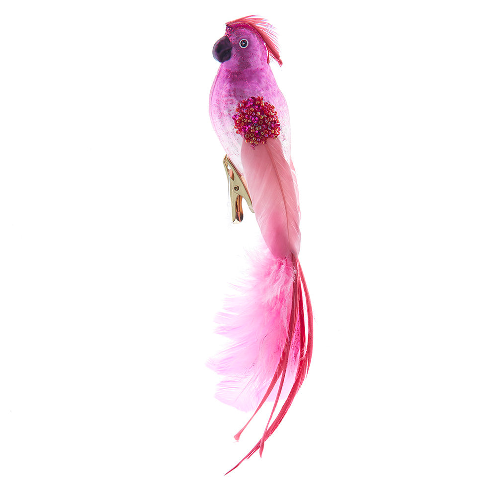 Pink Parrot with Beading Clip-On Glass Ornament 7"