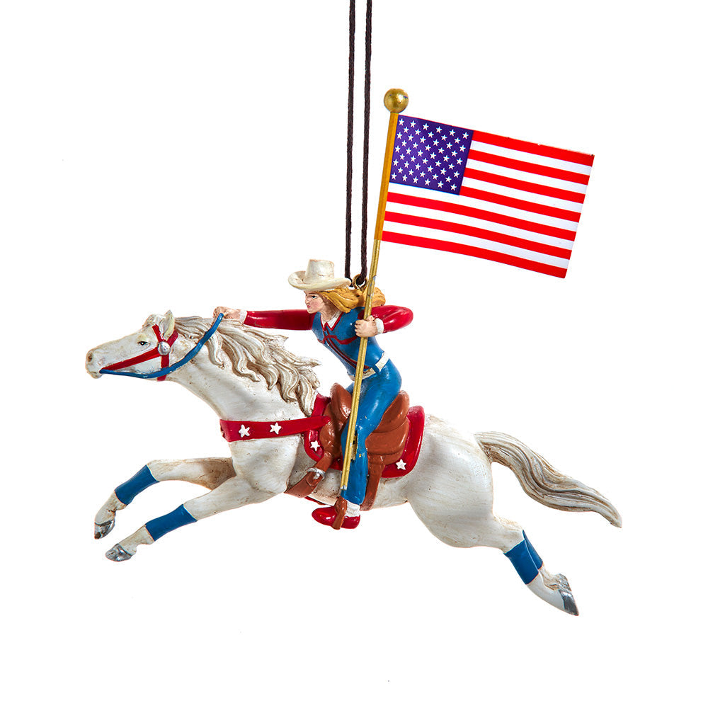 Sheriff's Posse Cowgirl On White Horse Resin Ornament 5.5"