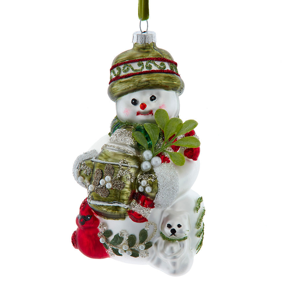 Mistletoe Snowman with Cardinal and Cat Glass Ornament 3.5"