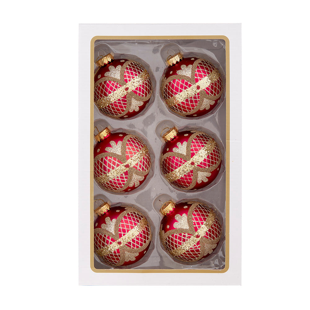 Matte Red With Green and Gold Glitter Ball 80MM Glass Ornaments Set of 6