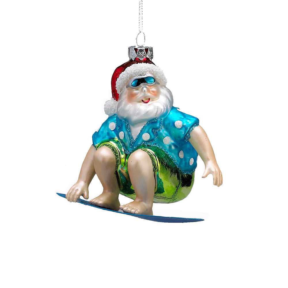 Beach Santa the Surfer Glass Ornament 3.5"