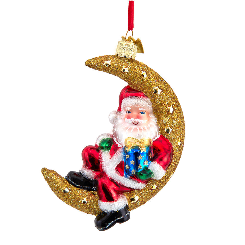 Noble Gems Santa on Moon Glass Ornament 4"