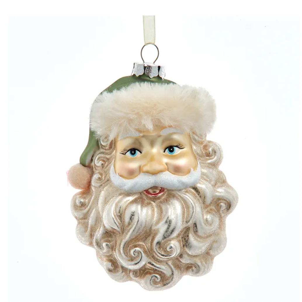 Santa Head with Green Santa Hat Glass Ornament 5.25"
