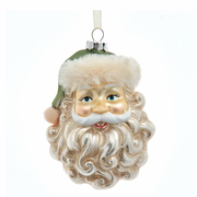 Santa Head with Green Santa Hat Glass Ornament 5.25"