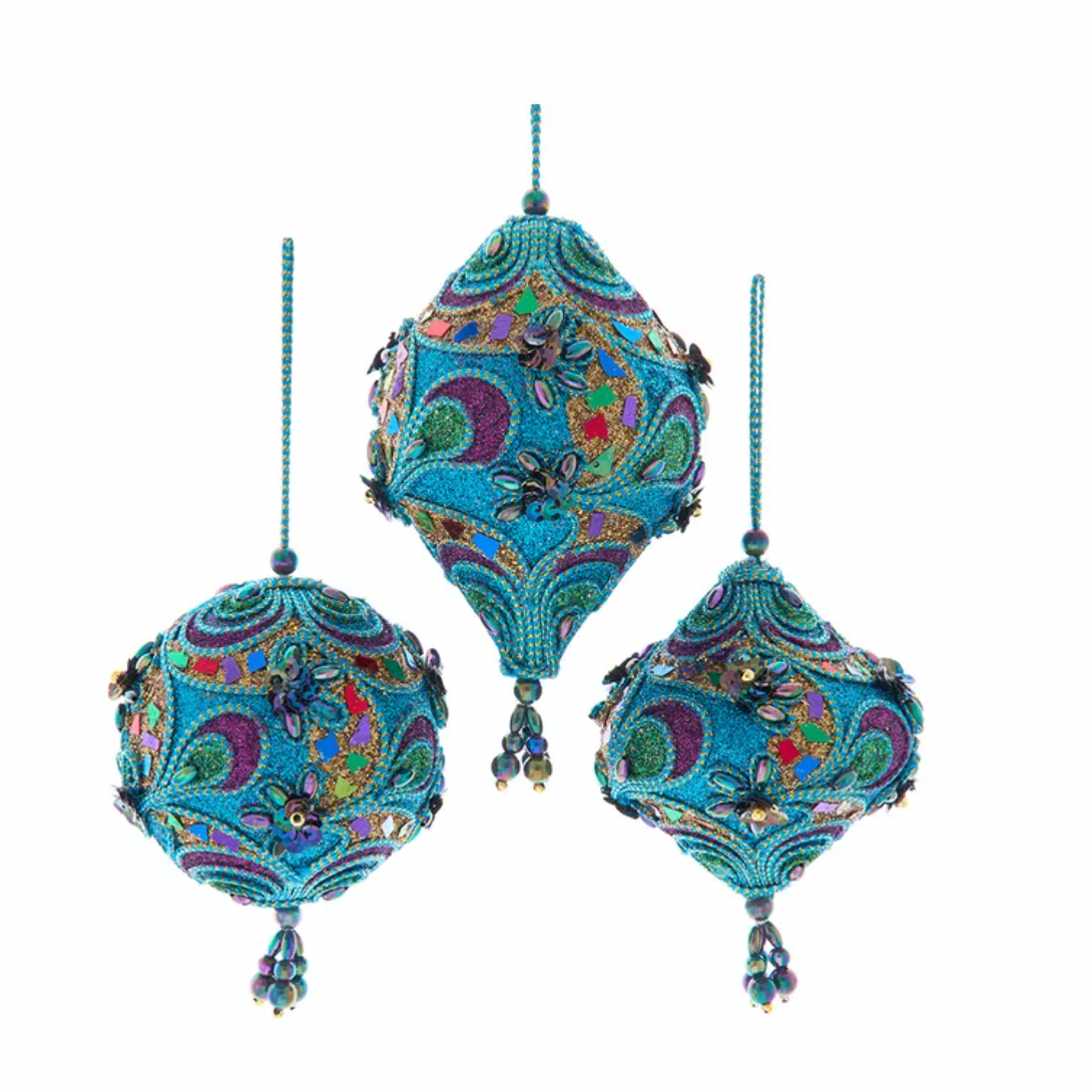 Peacock Finial and Ball Ornament Set of 3 3 to 5.5"