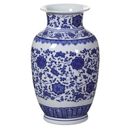 Classic Blue and White Asian Ceramic Vase 12"