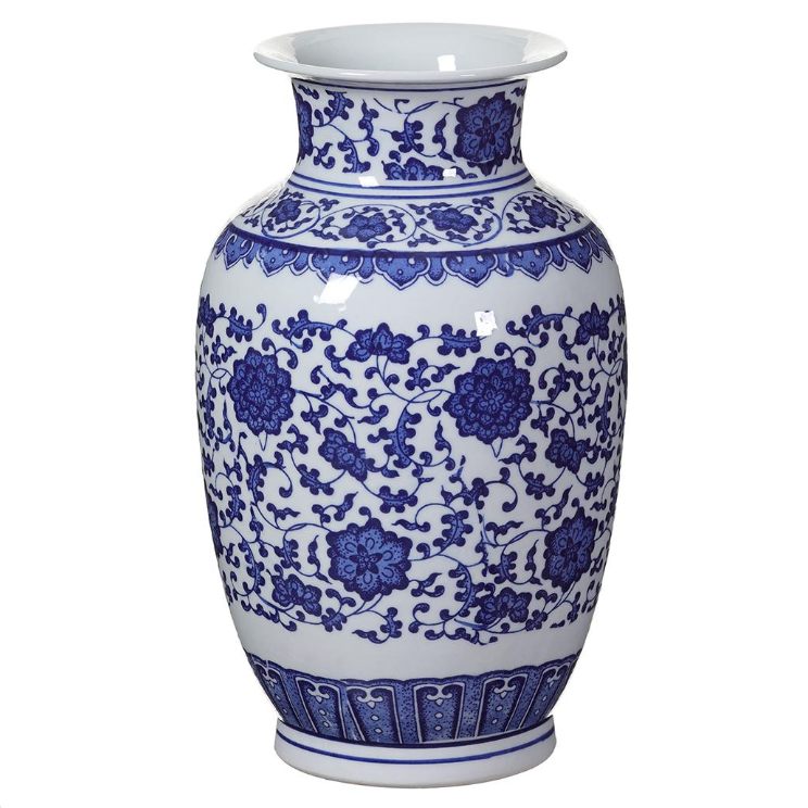 Classic Blue and White Asian Ceramic Vase 12"