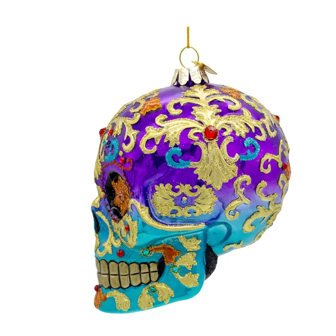 Bellissimo Sugar Skull Glass Ornament 4.75"