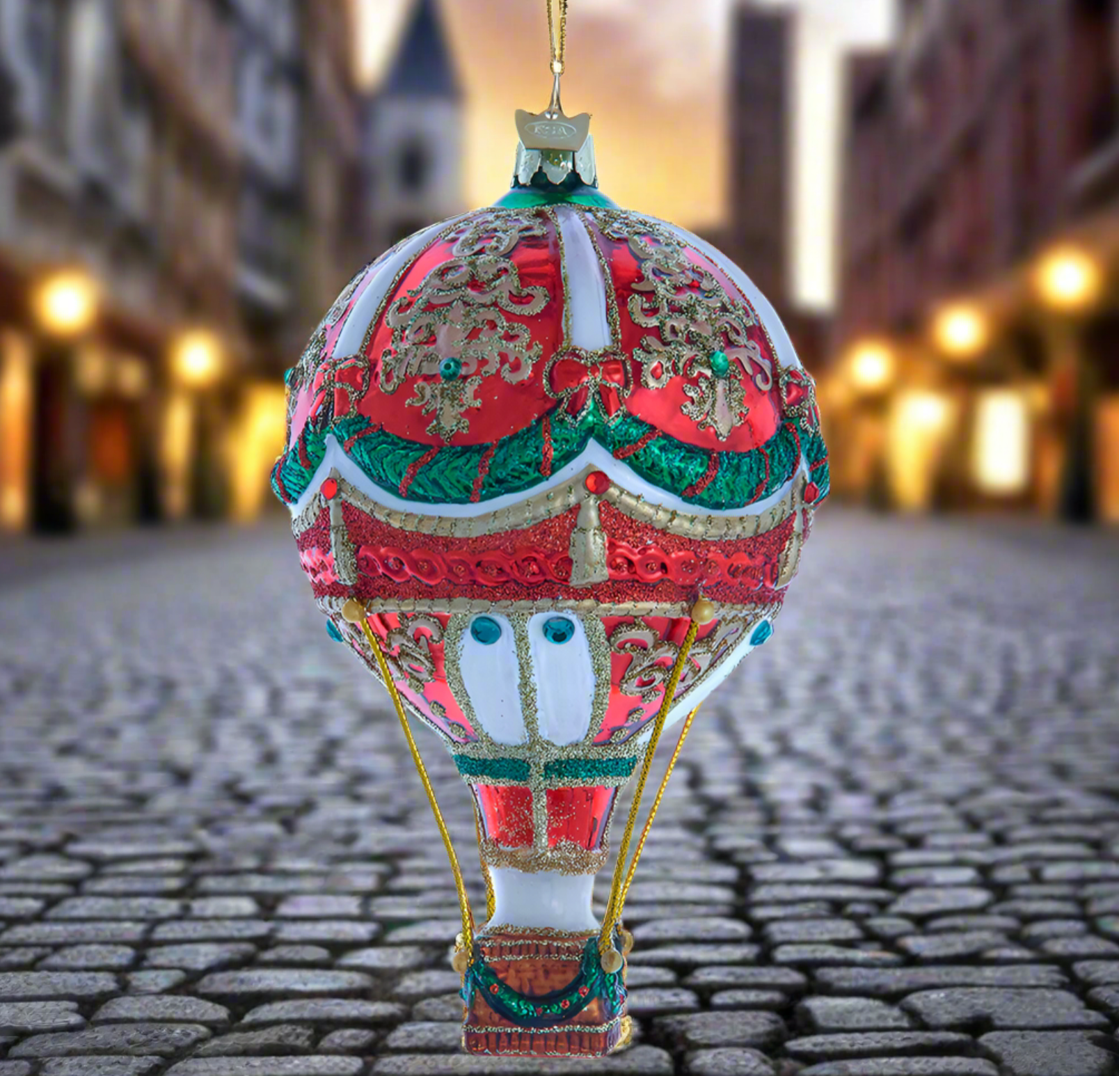 Bellissimo Christmas Hot Air Balloon Glass Ornament 6"