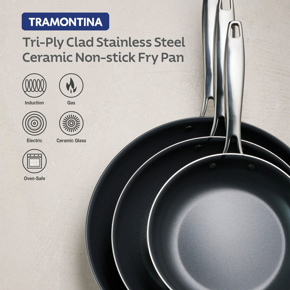 Tri-Ply Clad Stainless Steel Ceramic Nonstick Fry Pan 12 Inch