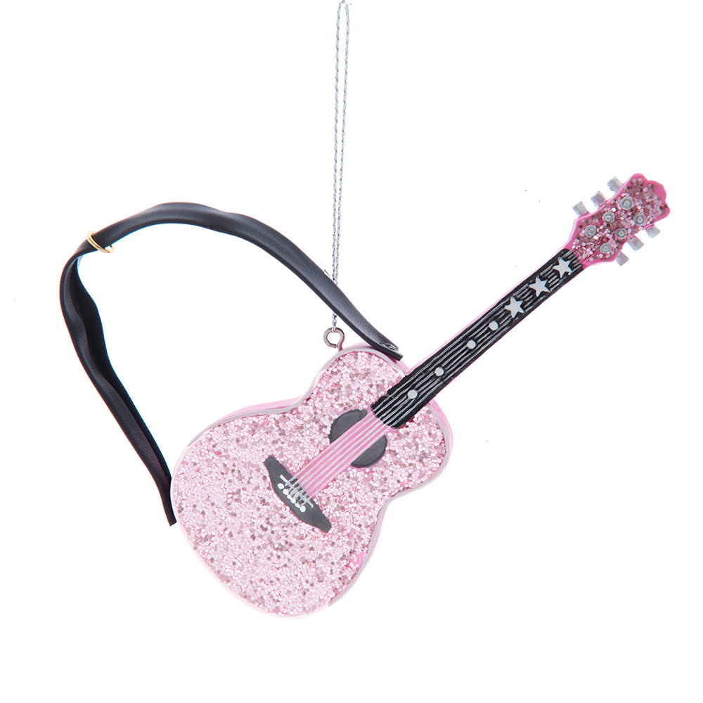 Pink Glittered Acoustic Guitar with Strap Ornament 4.5"