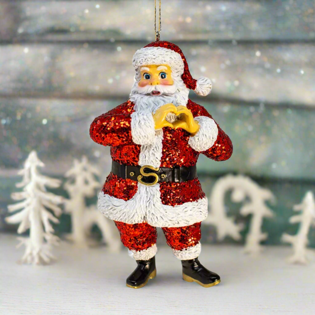 Red Glittered Santa Makes a Heart for You Ornament 4"