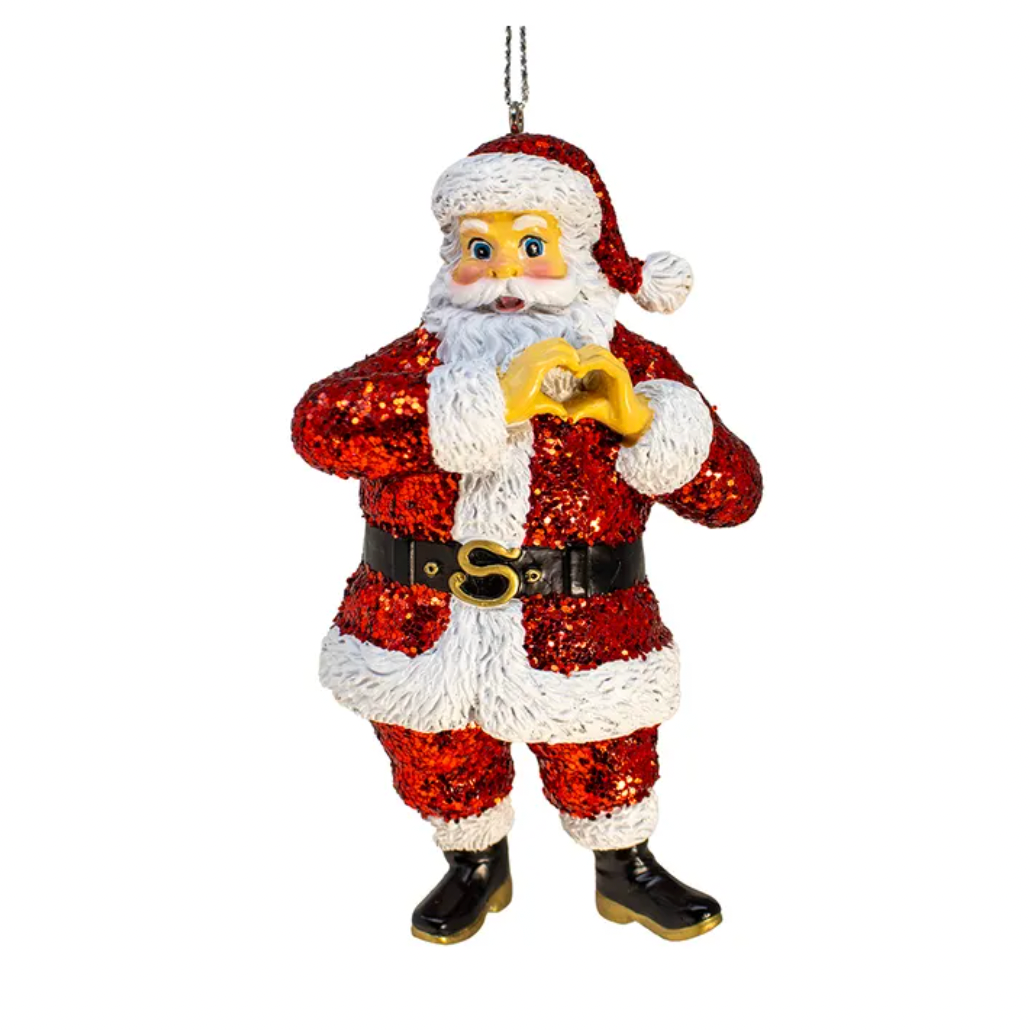 Red Glittered Santa Makes a Heart for You Ornament 4"