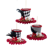 Red, White & Black Patterned Mad Hat Ornaments Set of 3