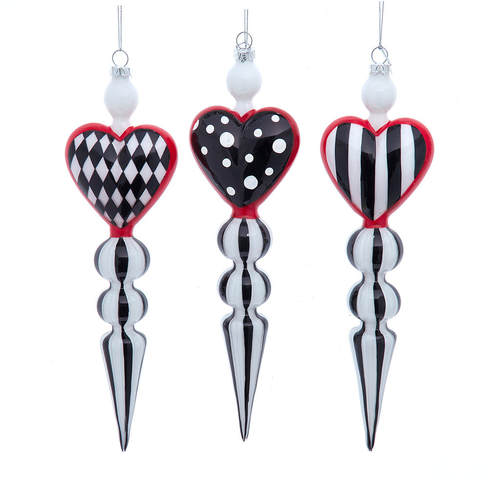 Black, White and Red Heart Capped Icicle Ornaments 9.75 inches Set of 3