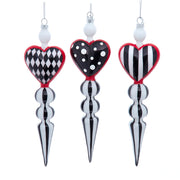 Black, White and Red Heart Capped Icicle Ornaments 9.75 inches Set of 3